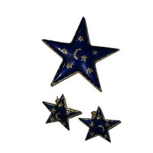 Vintage Celestial Enamel Star Brooch & Earrings Jewelry Set Gold Tone Moon Stars